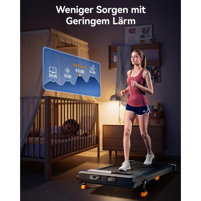 Бігова доріжка AnyLife з регулюванням нахилу, компактний, тихий, LED-дисплей, для дому, чорний, до 150 кг