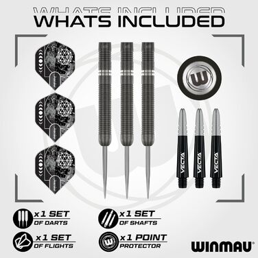 Професійний дартс-набір WINMAU Callisto 90% вольфрам, сталевий наконечник, 3 комплектації, ваги 22-26 г, з оперенням та стрижнями