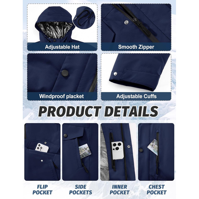 Зимова куртка для чоловіків, водонепроникна, тепла, з капюшоном та компасом. Підходить для катання на лижах та сноуборді. Розмір XL, колір морської хвилі.