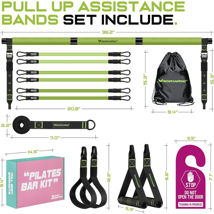 Pilates Bar Kit з гумовими стрічками Grün – багатофункціональний тренажер для пілатесу для жінок та чоловіків з міцною металевою пряжкою, обладнання для домашніх тренувань для всього тіла