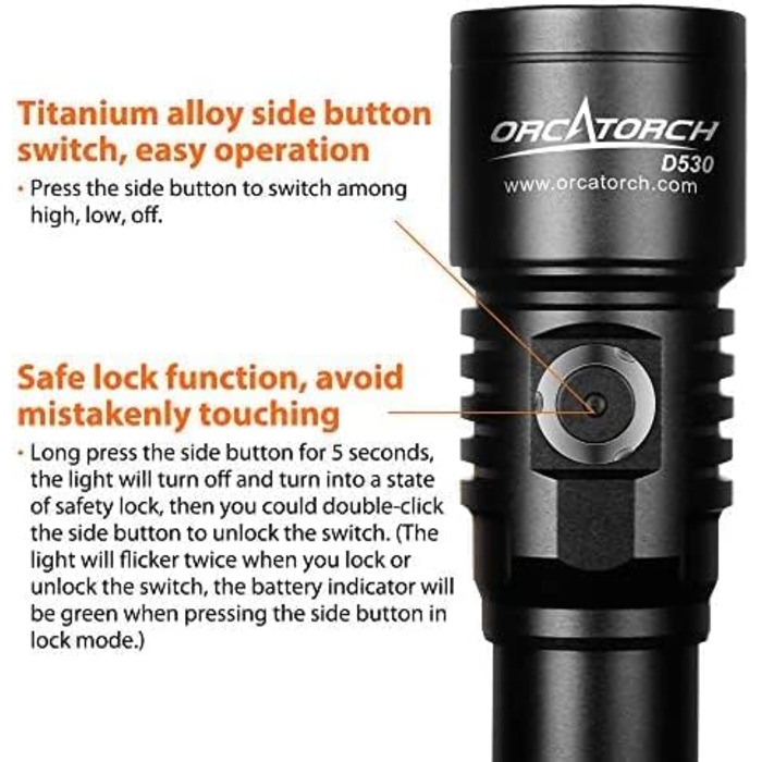ORCATORCH D530 Підводна Ліхтар, 1300 Люмен LED, вузький промінь 6°, IP68, з індикатором заряду батареї (УФ-ліхтар)
