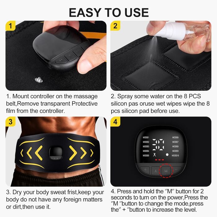 EMS тренажер для пресу, електричний, 10 режимів, 30 інтенсивностей, USB, портативний, жовтий