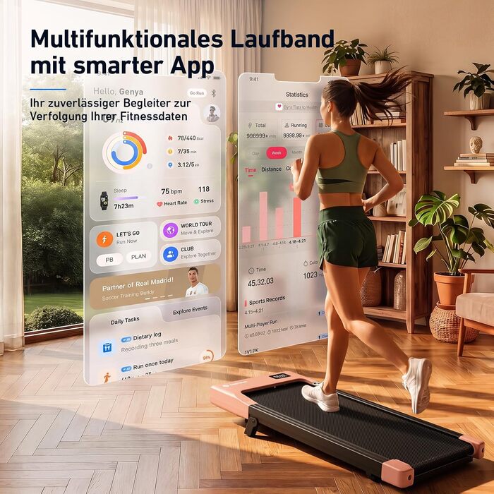 Бігова доріжка DeerRun Walking Pad з ухилом 6%, для дому та офісу, з додатком, LED-дисплеєм та пультом, до 136 кг (Рожева)