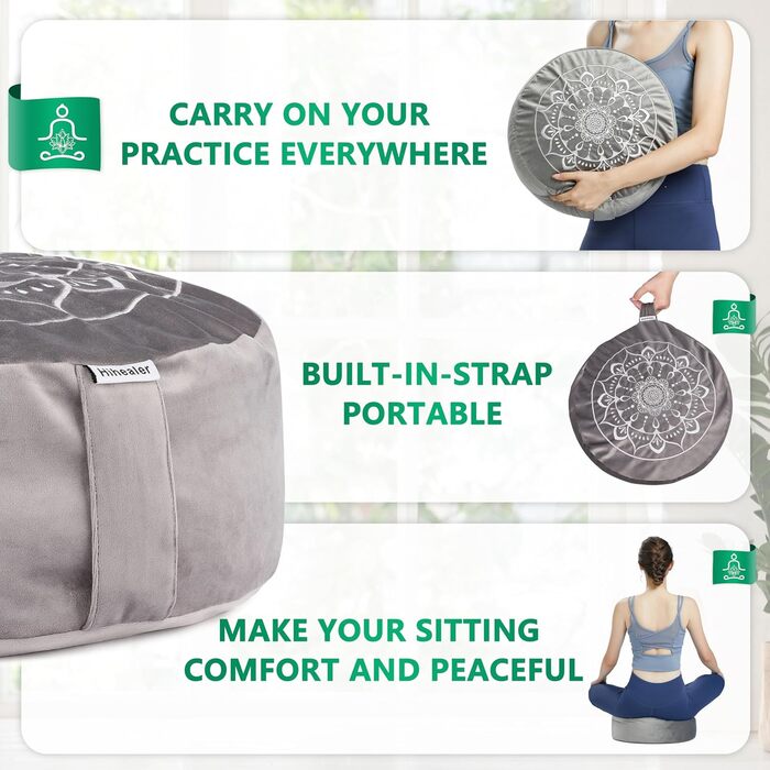 Традиційне медитаційне подушечка Hihealer з додатковим оксамитовим чохлом – велике тибетське подушечка для медитації, килимок для йоги Zafu, наповнене лузгою гречки, сірий та білий для жінок