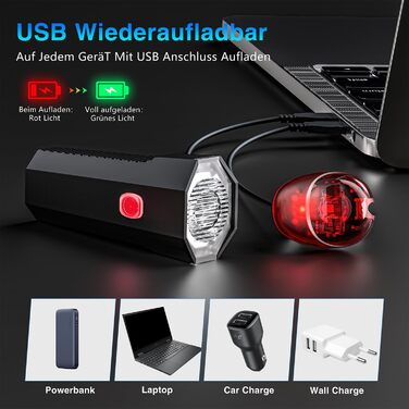 Набір LED-ліхтарів для велосипеда, перезаряджуваний, сертифікований STVZO, водонепроникний, з USB-зарядкою. Фронтальний та задній ліхтарі для велосипеда. Чорний.