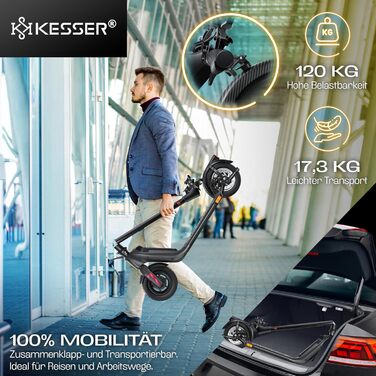 Електросамокат KESSER з дозволом для доріг, 40 км, складаний, 36V/10Ah, до 120 кг, мотор 450W, 10'' колеса, LCD-дисплей, тримач для смартфона