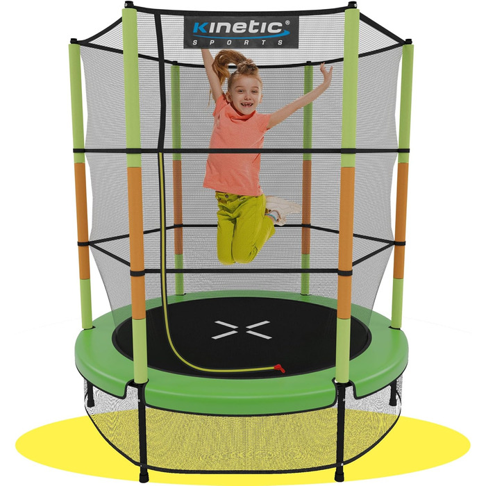 Дитячий батут KINETIC SPORTS 140 см з гумовою підвіскою, захисною сіткою на блискавці, м'яким бортиком і сіткою для підлоги – ігровий батут для дому
