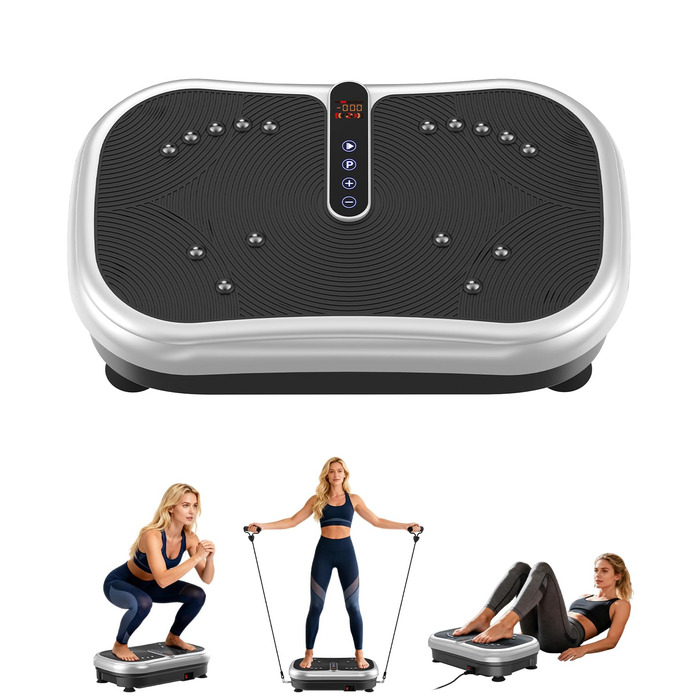 Вібраційна платформа 200W для фітнесу з пультом дистанційного керування, 120 рівнів, ультразвук та гумові ніжки – для домашніх тренувань, підтяжки м'язів та регенерації, ідеально для жінок та людей похилого віку, сріблястого кольору