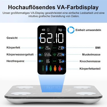 Вага Healthkeep для вимірювання жиру та м'язів: персональна вага з дисплеєм, 15 показників (сердечний ритм, ІМТ), цифровий переможець тесту з додатком для iOS та Android (280, чорний мармур)