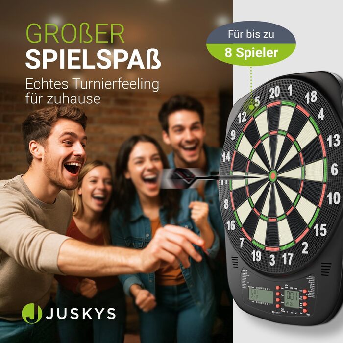 Електронний дартс Juskys з 32 іграми, LCD-дисплеєм, USB-C, стрілки та аксесуари, до 8 гравців, живлення від мережі та батарей