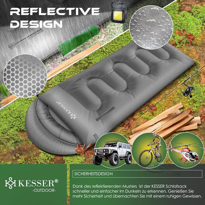 Сплячий мішок KESSER® Outdoor | Декальний спальний мішок 3-4 сезони | Для дорослих та дітей | Легкий, теплий, водостійкий | З лампою та кишенею (Сірий, 220 x 83 см)