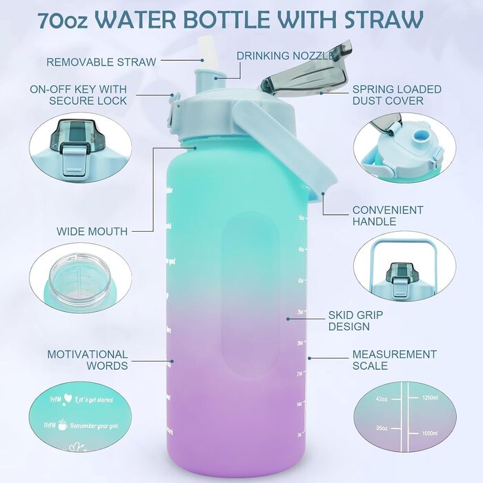 Спортивна пляшка для води MOMSIV 2L з трубочкою та відсіком для фруктів, з мітками часу, чорна, витіювання зелено-фіолетове