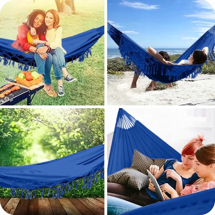 Гамак вуличний Krumad Boho 190x150 см, до 120 кг, бавовна-поліестер, з бахромою, синій. Для саду, балкону, тераси