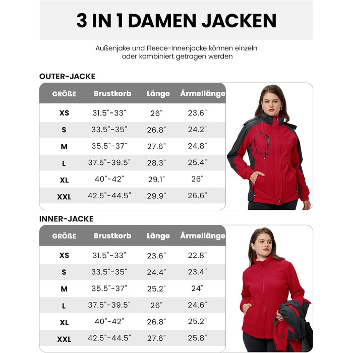 Жіноча куртка 3-в-1 для активного відпочинку: вітро- та вологозахисна з флісовою підкладкою, з капюшоном (Червоний, XXL)