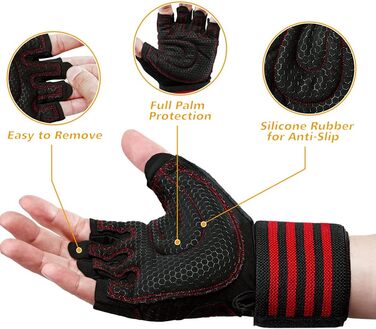 Фитнес рукавички для тренувань з підтримкою зап'ястя для жінок та чоловіків, неслизькі, дихаючі рукавички для важкої атлетики, велоспорту, тренувань, червоні, розмір L