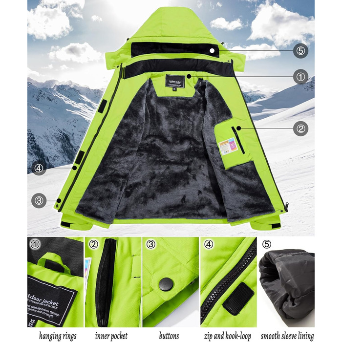 TACVAEN Куртка перехідна жіноча тепла зимова фльорокована куртка для хаджінг, водонепроникний блискавка, біло-чорний (XL, неоново-зелений)