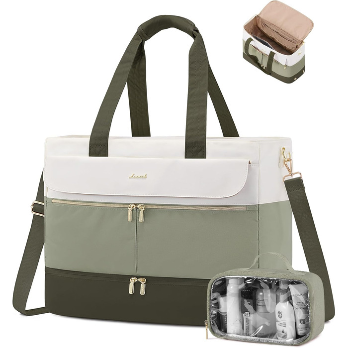 Спортивна сумка LOVEVOOK Weekender 45L з відділенням для взуття та мокрих речей, для подорожей, спортзалу, пологового будинку, ручної поклажі (зелено-бежева)