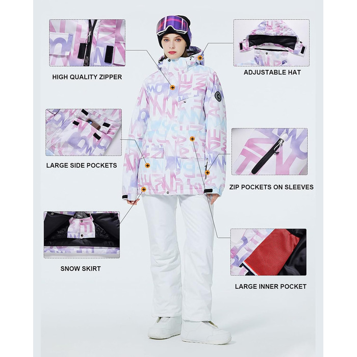 Жіночий гірськолижний костюм (2 частини) від ALSOGO: куртка та штани. Водонепроникний, дихаючий, з капюшоном. Ідеально для катання на лижах та сноуборді. Білий колір.