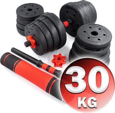 Набір гантелей і штанги C.P.Sports 2-в-1 30 кг, регульований, для фітнесу та силових тренувань, домашній спортзал, червоно-чорний