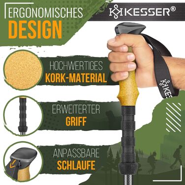 Трекінгові палиці KESSER® алюмінієві з корковим грифом | Складні/телескопічні палиці для скандинавської ходьби, туризму, гірського спорту та лижний туризм + ліхтарик для кемпінгу