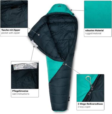 Сплячий мішок Qeedo Fluffy 0 Daunen - 4 сезони, температура комфорту 0°C, RDS-сертифікований, для кемпінгу, трекінгу, туризму (Турквіс, M)