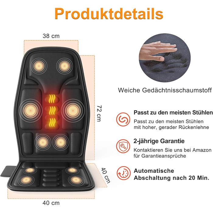 Масажна подушка з підігрівом та 8 вібраційних моторів для спини та шиї, для дому та офісу, чорна