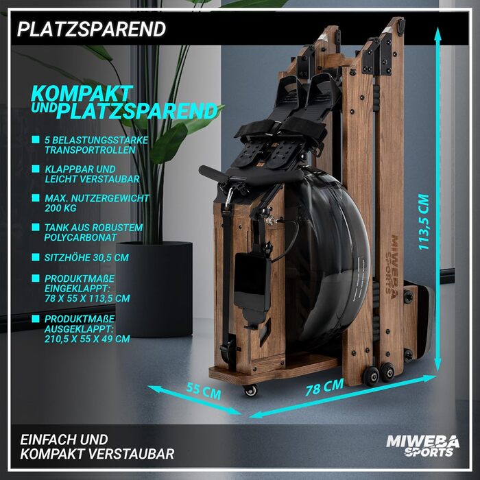 Гребний тренажер Miweba Sports MR700 Pro для дому, водний, складаний, з Bluetooth, LED баком, сумісний з Kinomap, дерев'яний