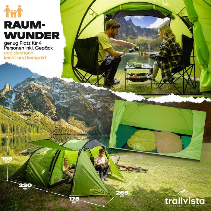 Намет Trailvista® Cevedale Zelt для 4 осіб: водонепроникний, легкий, швидко встановлюється, з тамбуром. Сімейний тунельний намет для кемпінгу.