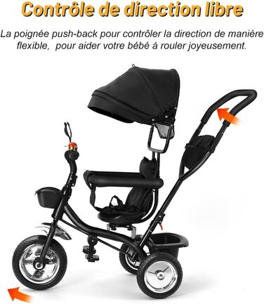 Триколісний велосипед для малюків 5 в 1, росте разом з дитиною, велосипед-коляска, поворотний сидіння 360°, штовхач, знімний капюшон, ремінь безпеки 3-точ., кошик, 1-5 років (5 в 1), чорний