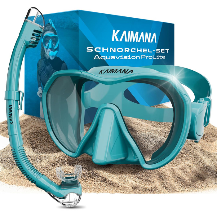 KAIMANA AquaVision Prolite набір для снорклінгу для дорослих з чохлом, зручна силіконова маска для плавання, альтернатива сноркл-масці, тканинний/силіконовий ремінець, бірюзова