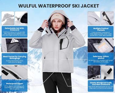 Жіноча водонепроникна куртка WULFUL для сноубордингу та катання на лижах, вітрозахисна зимова куртка з знімним капюшоном (XL, сірий)