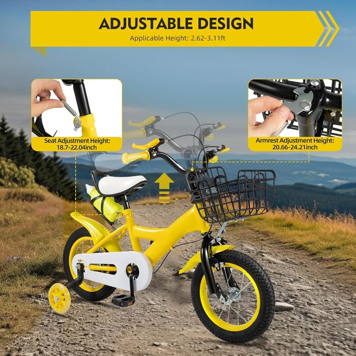 Дитячий велосипед 12 дюймів для дівчаток та підлітків, 3-6 років, з кошиком (жовтий)