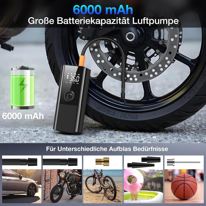 Електрична акумуляторна компресорна помпа 150PSI, 6000mAh, з LCD-екраном, портативна міні-насос для авто, велосипедів та м'ячів