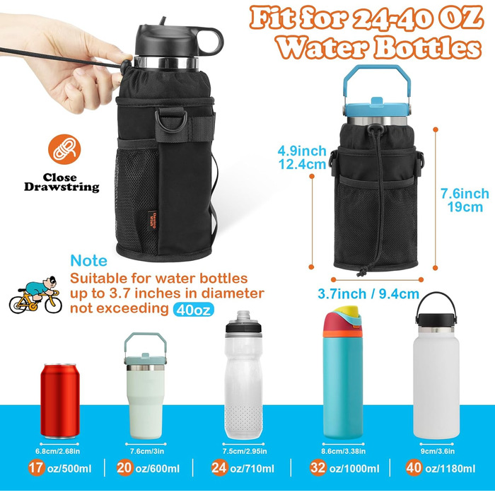 Фляготримач для велосипеда Design Wish 24-40oz без гвинтів, з сітчастою кишенею та ременем, 1180 мл, чорний лайкра