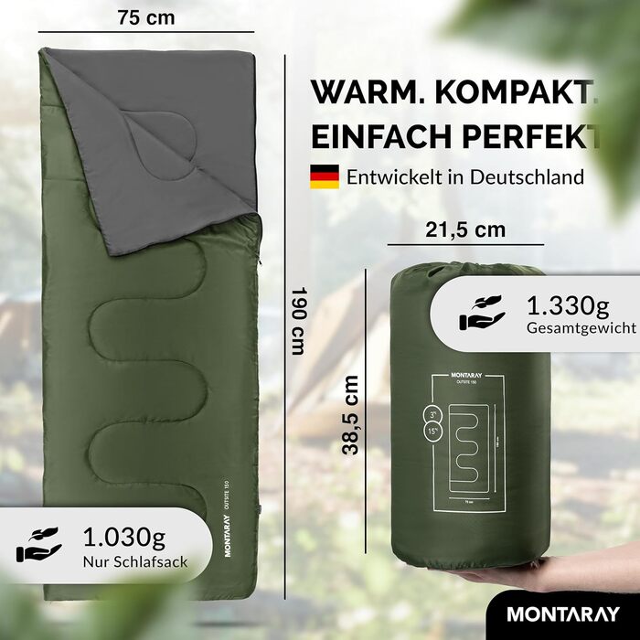 Спальний мішок для кемпінгу з капюшоном до -3°C з подушкою - Зимовий та літній спальний мішок для туризму 3-4 сезони (75 x 220 см) - Гірський спальний мішок для жінок та чоловіків (теплый) (Зелений, 150GSM, без капюшона)