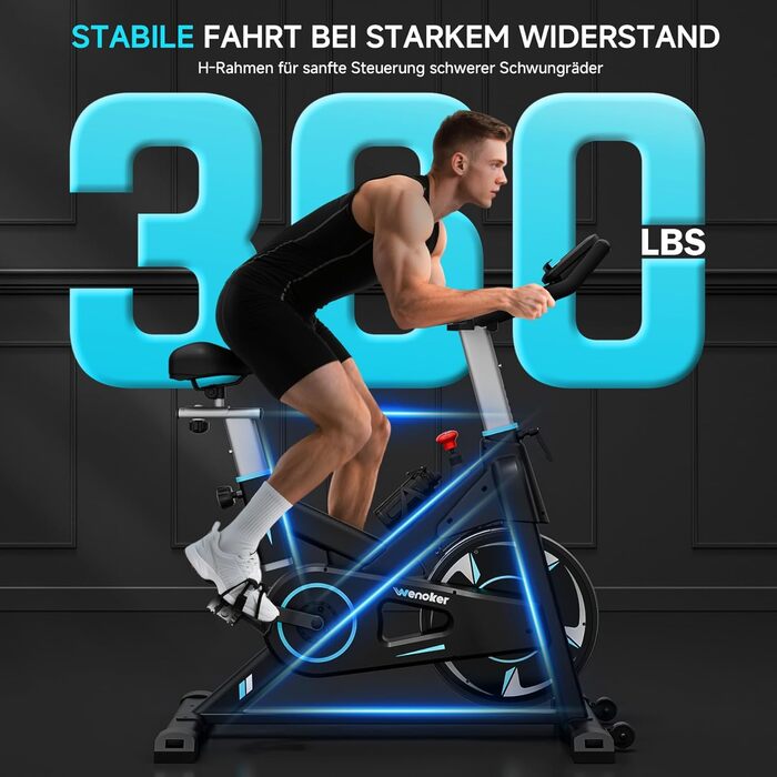 Велотренажер Wenoker з APP, магнітний опір, для дому, Indoor Bike, LCD-дисплей, вантажопідйомність 160 кг, турквіс