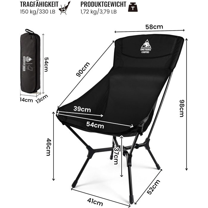 Стілець для кемпінгу OneTigris OASISFLEX, висока спинка, 150 кг, складний, легкий, з інтегрованим хрестоподібним каркасом, для риболовлі, з 2 кишенями, для відпочинку на природі, піших прогулянок (чорний)