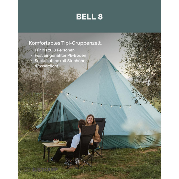 Намет JUSTCAMP Bell Tipi для сім'ї та групи - 4 розміри (4-12 осіб) - водонепроникний (3000 мм) - з висотою в стійці - 2 кольори (сірий, м'ятний) (8 осіб - м'ятний)