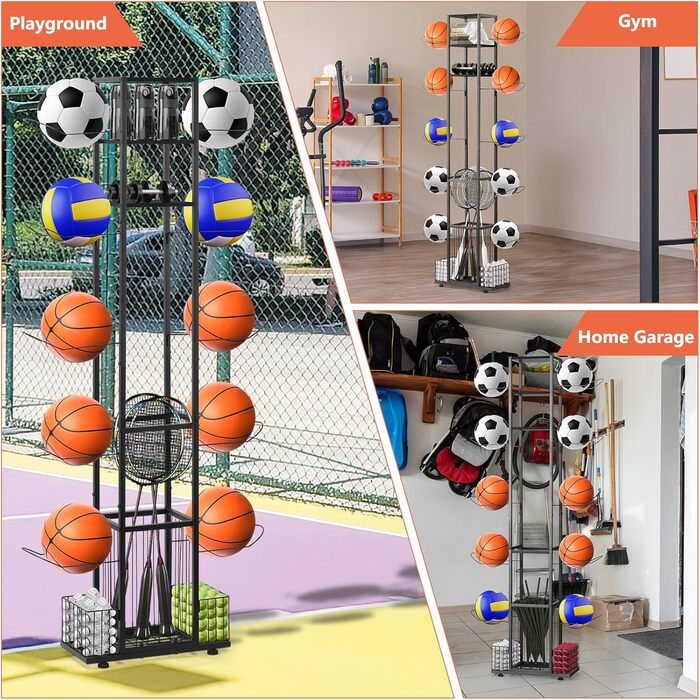 Стійка для зберігання баскетбольних м'ячів CADUKE, органайзер для спортивного інвентарю (футбол, волейбол, бадмінтон), чорний