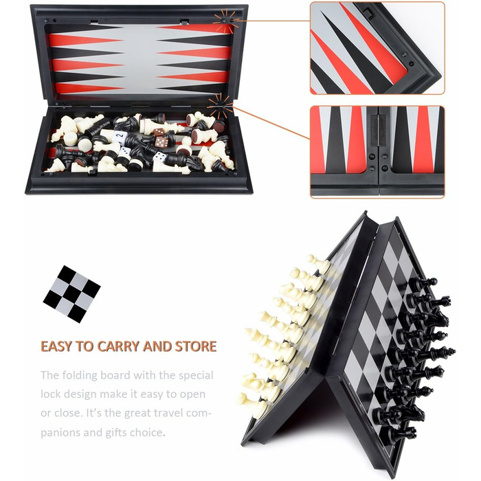 Магнітний шаховий набір Hoshin 3 в 1: шахи, шашки, нарди. Портативний, складаний, для подорожей (25x25x2 см)