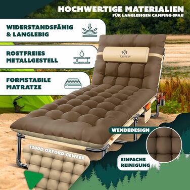 Кемпінгове ліжко KESSER® розкладне з подушкою, кишенею та тримачем для напоїв, 190 x 68 x 30 см, до 250 кг, з оксфордської тканини та сталевого каркасу, для відпочинку на природі