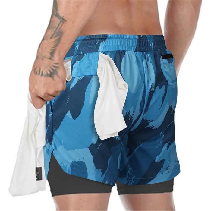 Шорти спортивні чоловічі 2-в-1 для бігу та фітнесу з вбудованою кишенею, камуфляжний (S)