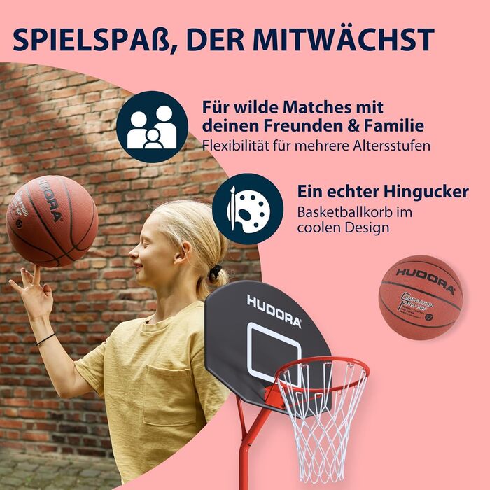 Баскетбольний стенд HUDORA Start: регульована висота, мобільна установка для дітей, підлітків та дорослих, вуличний баскетбольний кошик на колесах (260 см)