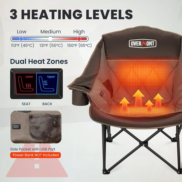 Овермонт Розкладне крісло для кемпінгу з підігрівом XL для дорослих – ідеально для зимових походів, риболовлі (Хакі)