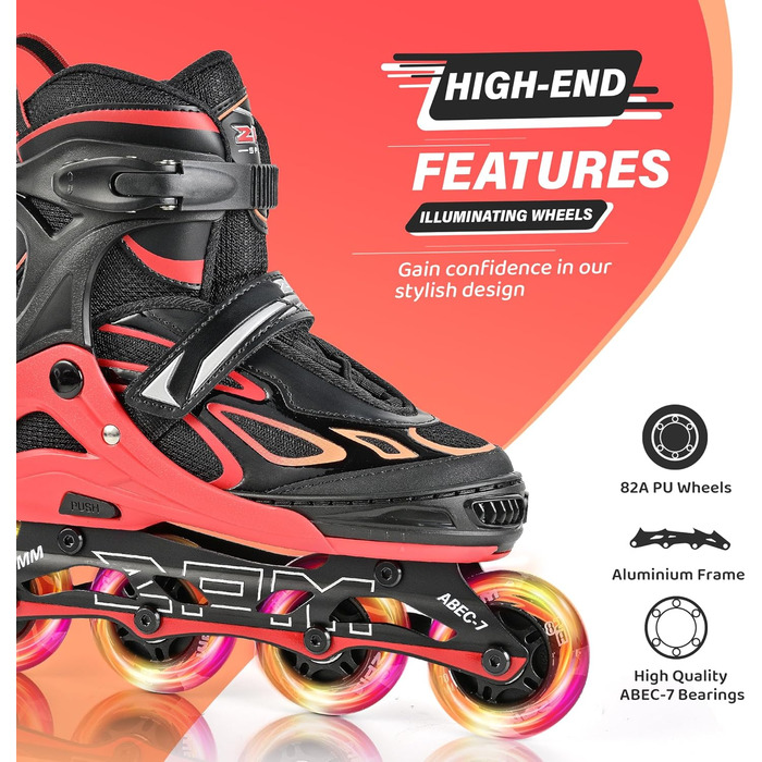 Дитячі ролики 2PM SPORTS з регулюванням, світлові, для дівчаток та хлопчиків (червоні, розмір EU 30-33)