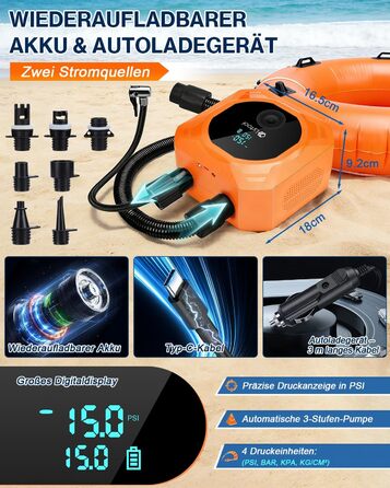 Електричний акумуляторний насос для SUP Lytool 50 PSI, компресор 12V DC та Type-C з функцією автостопу та LED-підсвіткою для сапбордів, човнів, каяків та кайтсерфінгу
