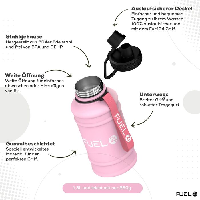 Fuel24 потужна пляшка для води з нержавіючої сталі 1.3 л, рожевого кольору, герметична, BPA-free, для спортзалу та фітнесу, металева фляга для дорослих