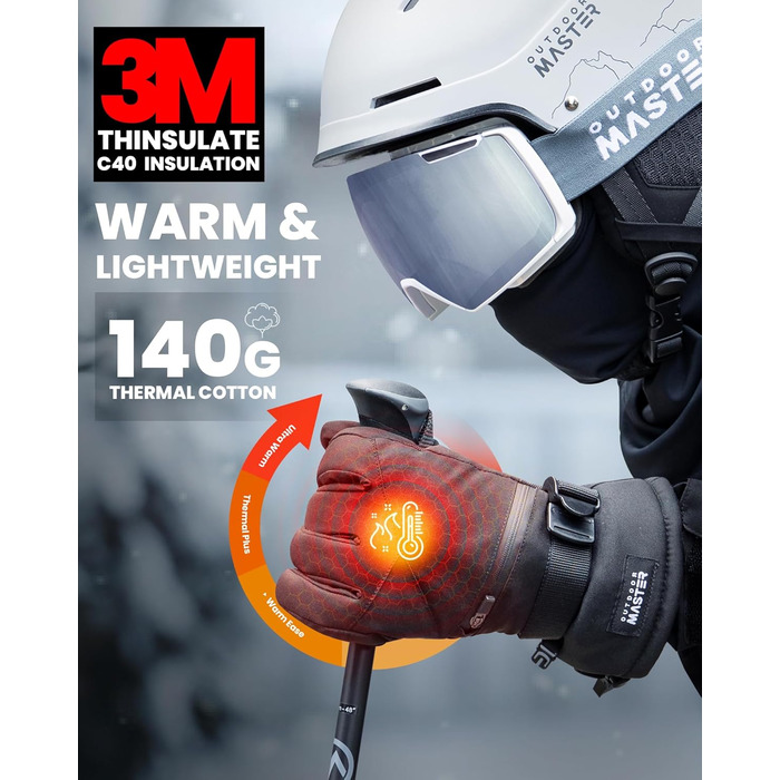 Зимові лижні рукавички OutdoorMaster для чоловіків та жінок, 3M Thinsulate, водонепроникні, теплі, вітрозахисні, з подвійною кишенею, чорні, розмір L