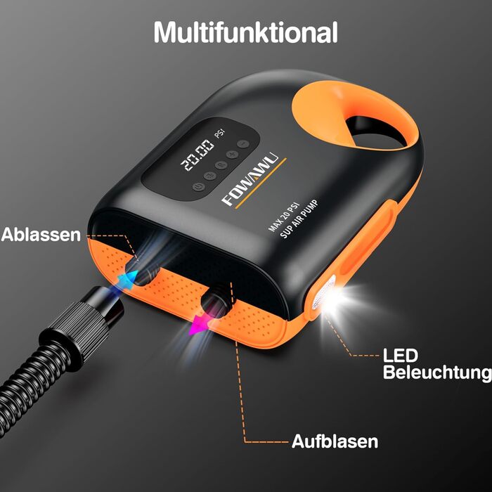 Насос FOWAWU 20PSI для SUP, човнів та каяків: 12V, 2-ступенева інфляція, автовимкнення, надування та здування