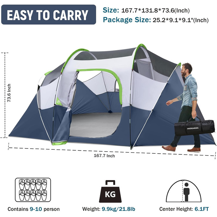 Намет кемпінговий HIKERGARDEN для 6-10 осіб, сімейний, темно-синій 420x330x180 см, легкий у встановленні